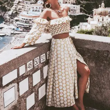 2020. Gada Vasaras Modes Sieviete Iestatīt Ikdienas Ziedu Drukāt Mežģīņu Svārki Vintage Dāma