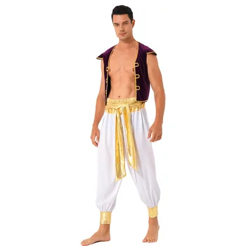 Arābu Prinča Kostīmu Vīriešu Pieaugušo persiešu Lomu Spēlēt Halloween Zelta Veste un Harēma Elsas Uzvalks Mītisks Aladin Apģērba Komplekts