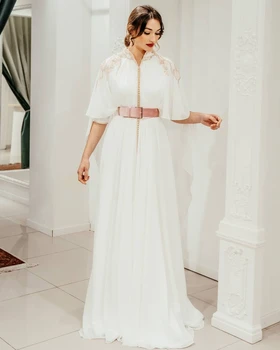 Balts Ar Īsām Piedurknēm, Elegants Marokas Caftan Vakara Kleita-Line Grīdas Garums Vasaras Kleita Plus Lieluma Dubaija Formālās Drēbes