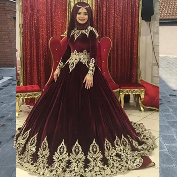 Elegants Samta Musulmaņu Bordo Kāzu Kleitas Zelta mežģīnes Appliques Kāzu Kleitas Bumbu Kleita kāzu kleitas Vestido De Noiva