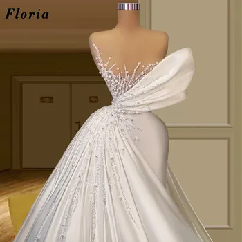Floria Luksusa Ilgi Pērles Vakarkleitas, Kāzām, 2022 Vestidos De Noiva Garas Krelles, Dubaija Kāzu Kleitas Couture Līgavas Kleita