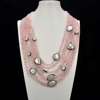 GuaiGuai Rotaslietas Dabas Pērle 7 Dzīslas Balts Monētas Keshi, Pearl Rozā, rozā Kvarca CZ Kaklarota Sievietēm