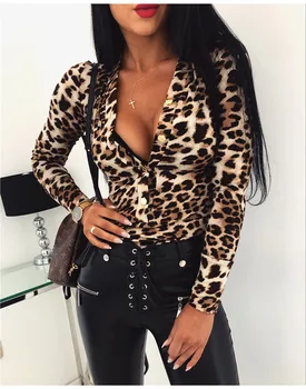 Jaunas Ielidošanas Sieviešu Sexy Dziļu V veida Kakla garām Piedurknēm Leopard Bodysuits Satīna Romper Dzīvnieku Print Ķermeņa Kombinezons Blūze Sievietēm