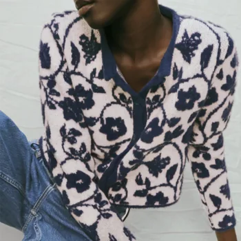 KUMSVAG Sieviešu Rudens Vintage Adīšanas Džemperi Jaciņa Mēteļi ir 2021. ZA O-veida Kakla Žakarda Sieviešu Modes Iela Džemperi, Virsdrēbes