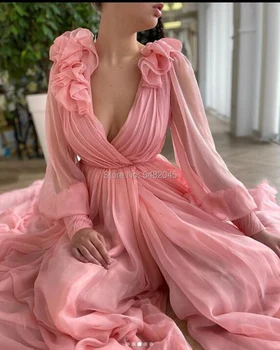 LORIE Vintage Balles Kleitas, V-veida Kakla Ielocēm, Sānu Sadalīt Rozā krāsā ar garām Piedurknēm Ilgi arābu vakarkleita Slavenību Puse Kleita ir 2021.