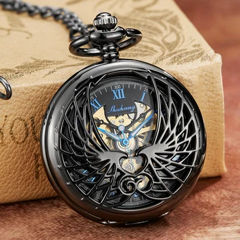 Luksusa Mehānisko Kabatas pulkstenis ar Ķēdi Eņģeļa Spārnus Dobi Puses Likvidācijas Kulons Pulkstenis, Vīriešu, Sieviešu Mīļākais Flip Fob Pulksteņi