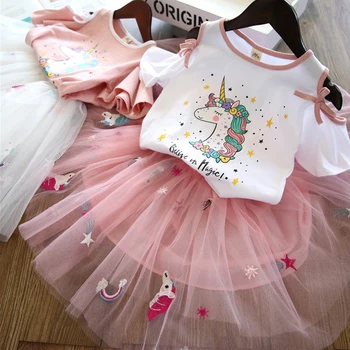 Meitene bērnu dzimšanas dienas svinības Princese Unicorn drukāt īsām piedurknēm 2 gabals tērps-svārki puķu meitene Unicorn izdrukāt cieto krāsas uzvalks