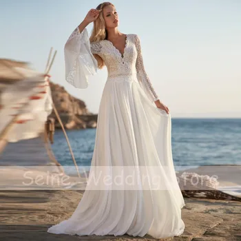 Mežģīņu un Šifona Kāzu Kleitas 2022 Elegants Izlīdzināšanu ar garām Piedurknēm V-veida Kakla Kāzu Kleita Sexy Backless-Line Līgavas Kleitu, tērpu de mariée