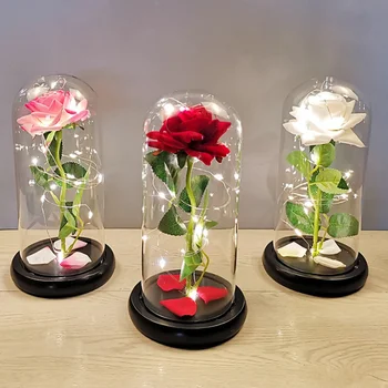 Mākslīgie ar Mūžīgo Pieauga Stikla Kupolu Ar Krāsainiem LED Gaismas Nemirstīgs Ziedu Rotājumu Radošā Valentīna Diena, Mātes Diena Dāvanu