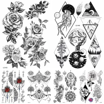 Reāli Skiču Rožu Ziedu Tetovējumu Uzlīmes, Ķermeņa, Roku Viltus Rokas Ūdensizturīgs Tetovējums Pagaidu Sievietes Vīrieši Galaxy Mēness Tetovējums Loksnes