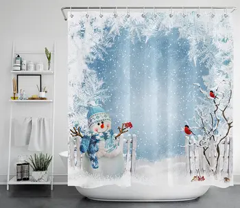 Sniegavīrs Priecīgus Ziemassvētkus Dušas Aizkaru komplekts Vannas istaba Bērni Sniegpārslas Putnu Stāv uz Sniega Filiāle Kokus Xmas Ziemas Ainava