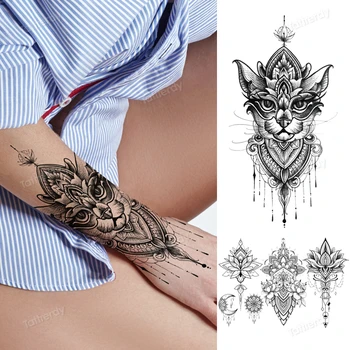 Tetovējumu uzlīmes piedurknes rokas joslā melnā henna mežģīnes viltus sexy tattoo sievietēm pagaidu tetovējumu uzlīmes mandala pūce kaķis lotosa zieds