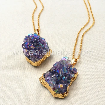 WT-N832 Jaunākās Pārsteidzošs Mirdzoša Aura akmens kaklarota, Auru eņģelis raw violeta kristāla kulons, kaklarota ar zelta apdari
